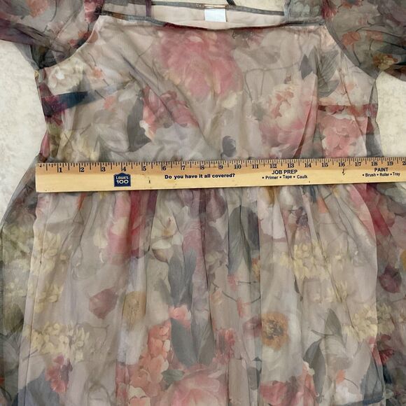 H&M  FLORAL MESH DRESS women’s size Medium Boho sq. Neck puff sleeves tiered - Picture 8 of 12